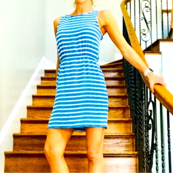 J. Crew Dresses & Skirts - J.Crew Striped Pleated Ponte Dress size 4 Zip Back blue summer sleeveless